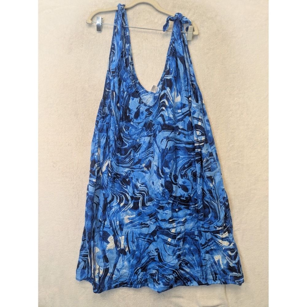 Peyton & Parker Marble Swirl Sundress Women 3X Blue Linen Blend Tie Strap Shift